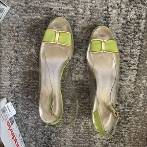 Clear Women's vintage California Sandals 5.5 slingbacks Time green gold trim bow
